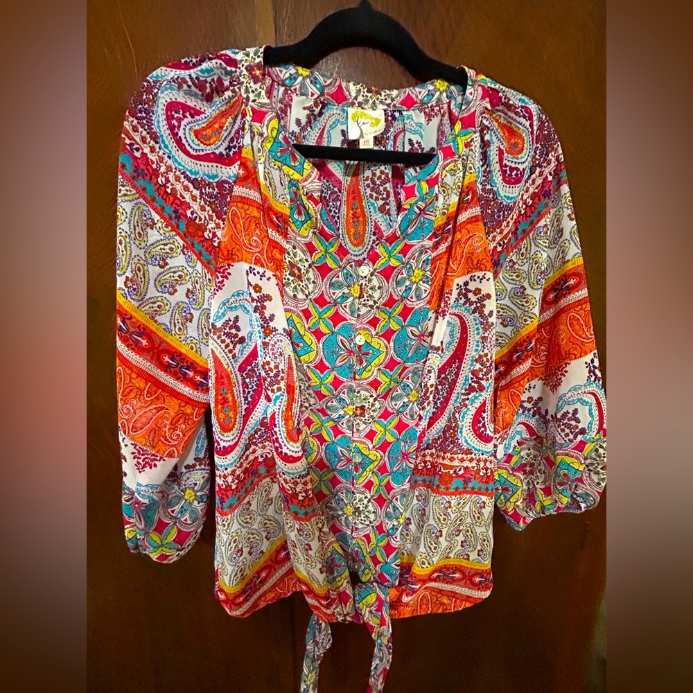 Fig & Flower Colorful Paisley Women's sheer button up tie Top size medium